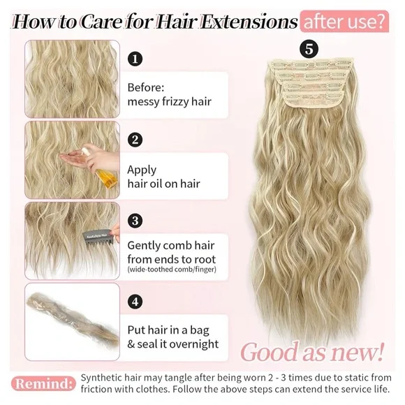 Beach Blonde Hair Extension Clip in Synthetic Highlight Long Wavy 4PCS Thick 20” - Picture 8 of 10